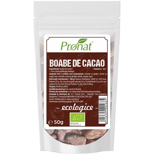 Boabe de cacao raw bio 50 g - Pronat Zipp Pack - Cacao