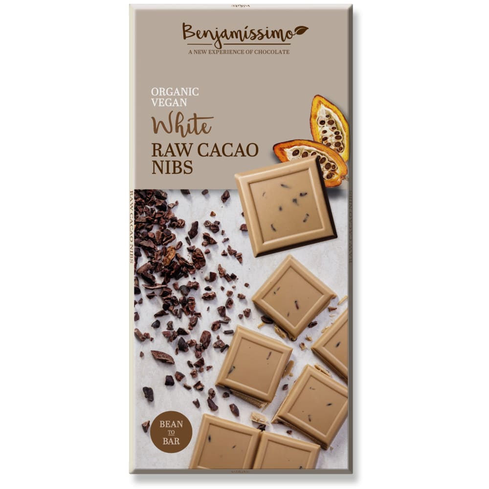 Ciocolata alba cu cacao nibs bio 70g Benjamissimo -