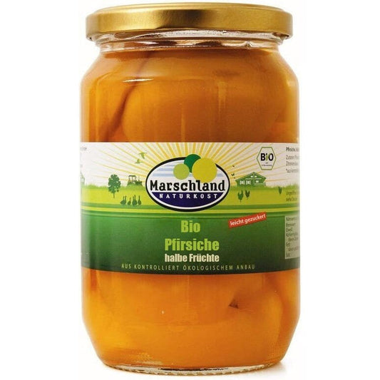 Compot bio de piersici jumatati 680 g/385 g Marschland