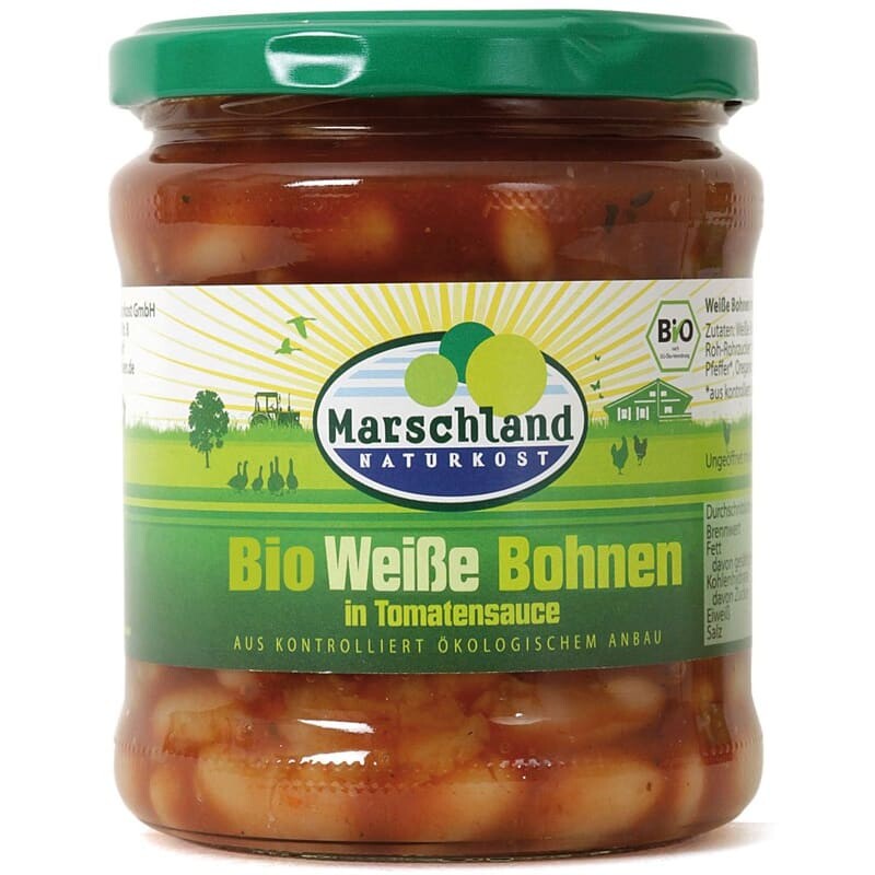 Fasole alba bio in sos de rosii 350 g Marschland Naturkost