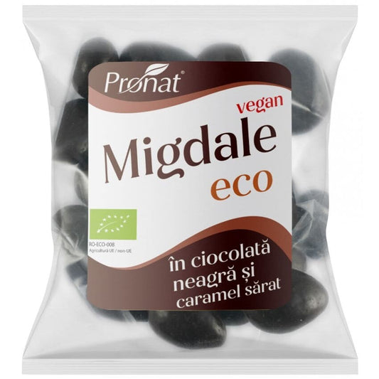 Migdale bio prajite si sarate glazurate in ciocolata neagra