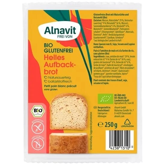 Paine alba fara gluten precoapta bio 250g Alnavit - Alnavit