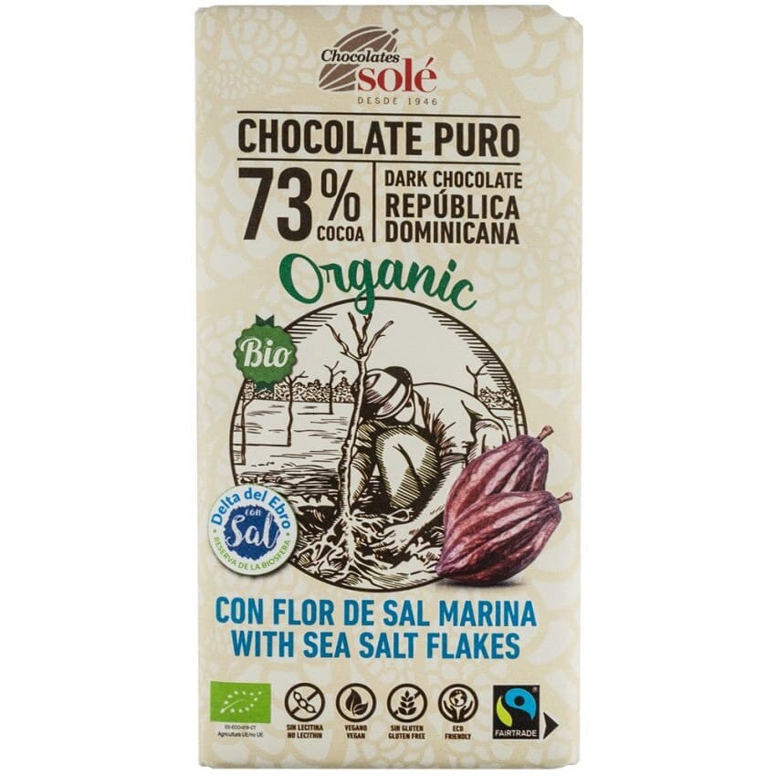 Ciocolata neagra bio si fairtrade 73% cacao cu Fleur de sel